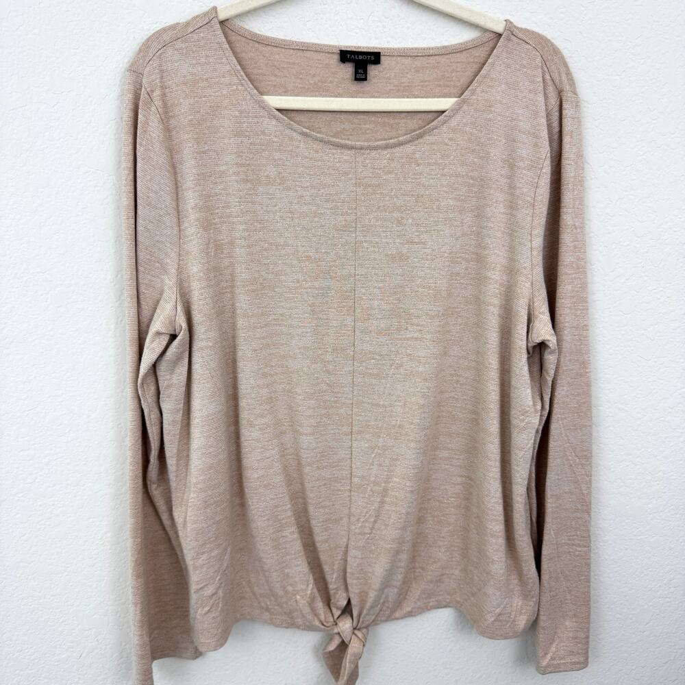 Talbots Womens Pullover Top Blouse Size XL Metallic Knot Cream Gold